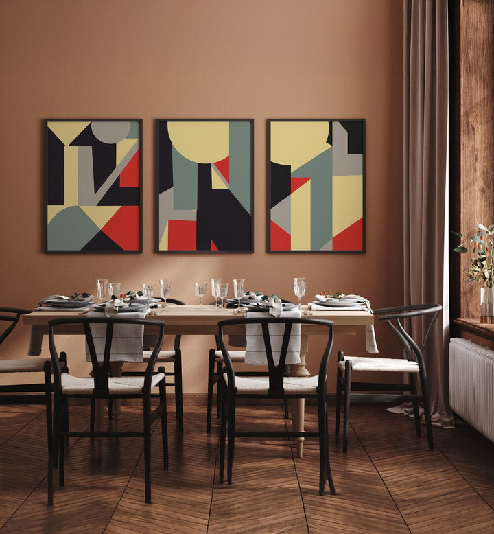 Enhance your decor with the RETRO COLOUR GEOMETRICAL SET, SET OF 3 PAINTINGS, showcasing vibrant, modern art.