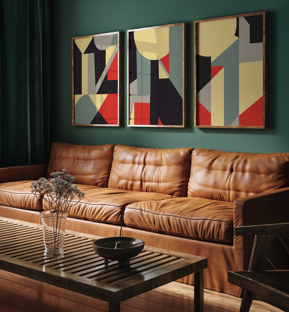 Transform your home with the RETRO COLOUR GEOMETRICAL SET, SET OF 3 PAINTINGS featuring vibrant, modern art.