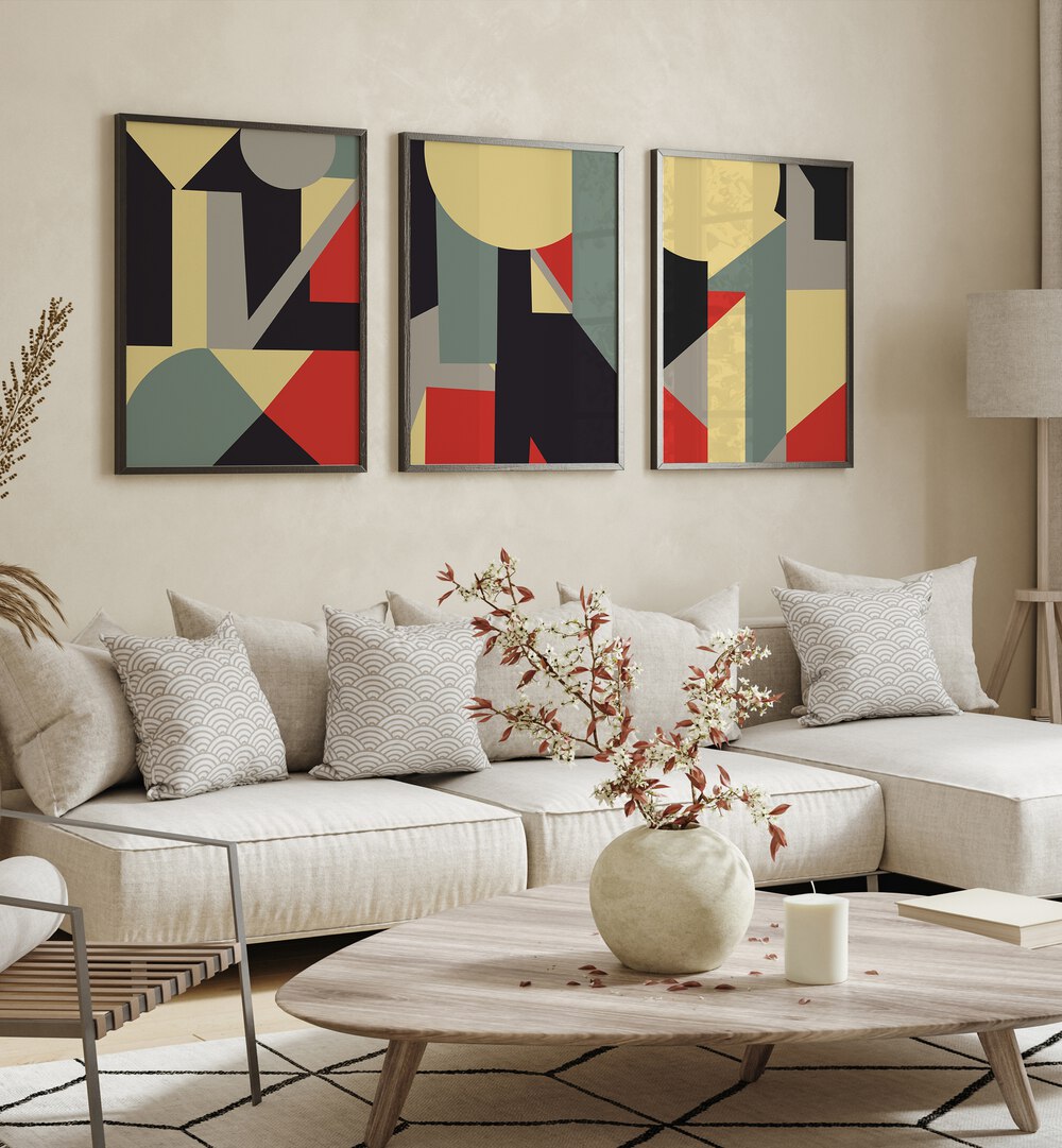 Vibrant RETRO COLOUR GEOMETRICAL SET, SET OF 3 PAINTINGS enhancing a stylish living room decor.