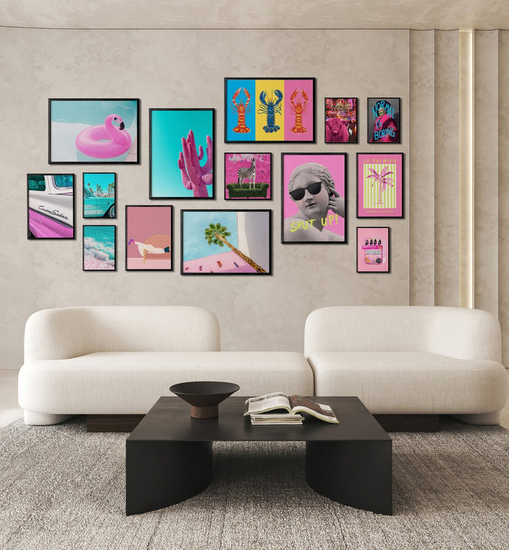 Stylish RETRO POP GALLERY WALL showcasing vibrant art prints, perfect for enhancing any modern room's decor.
