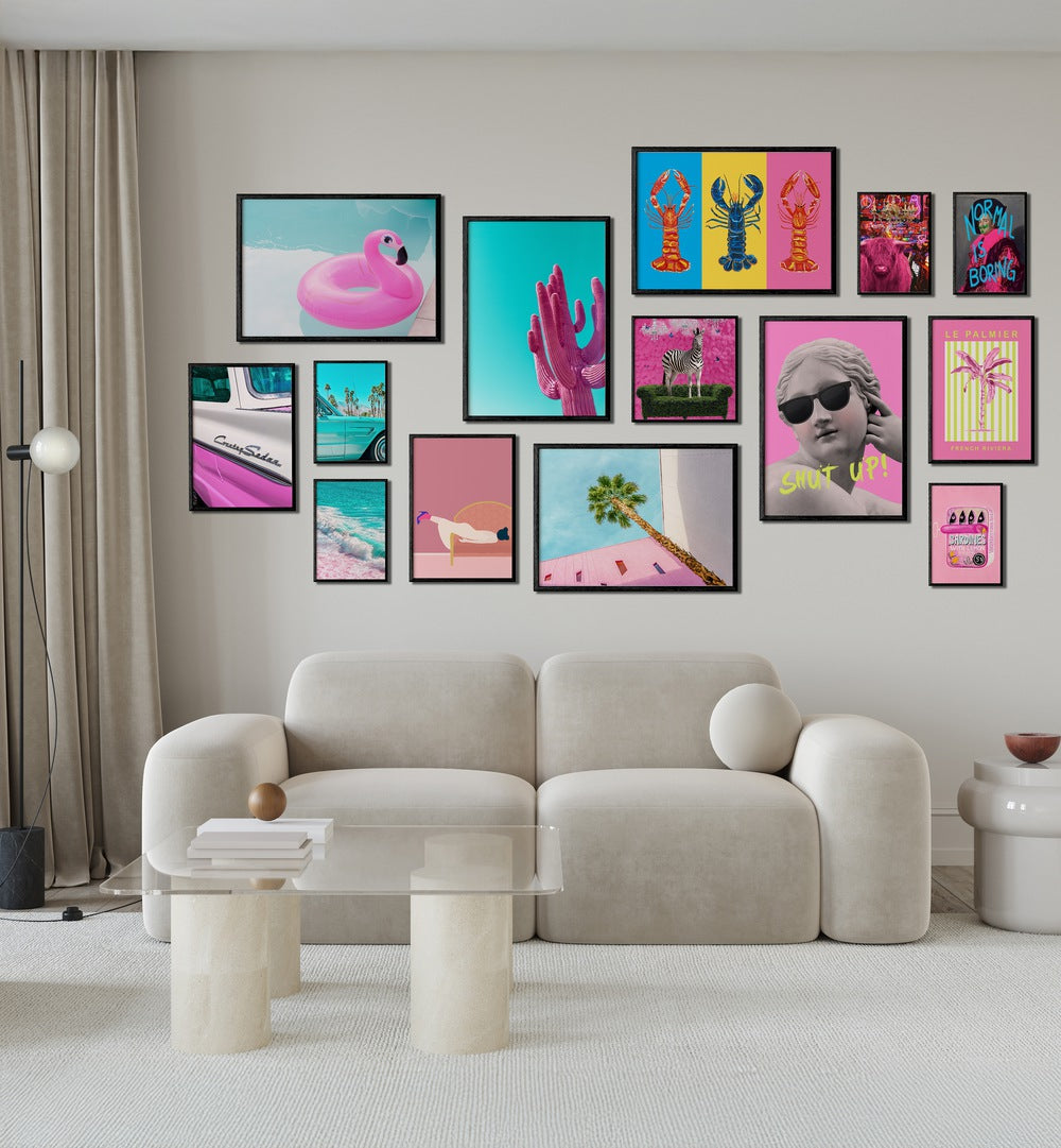 Colorful RETRO POP GALLERY WALL featuring vibrant framed art prints, enhancing modern gallery walls in any space.