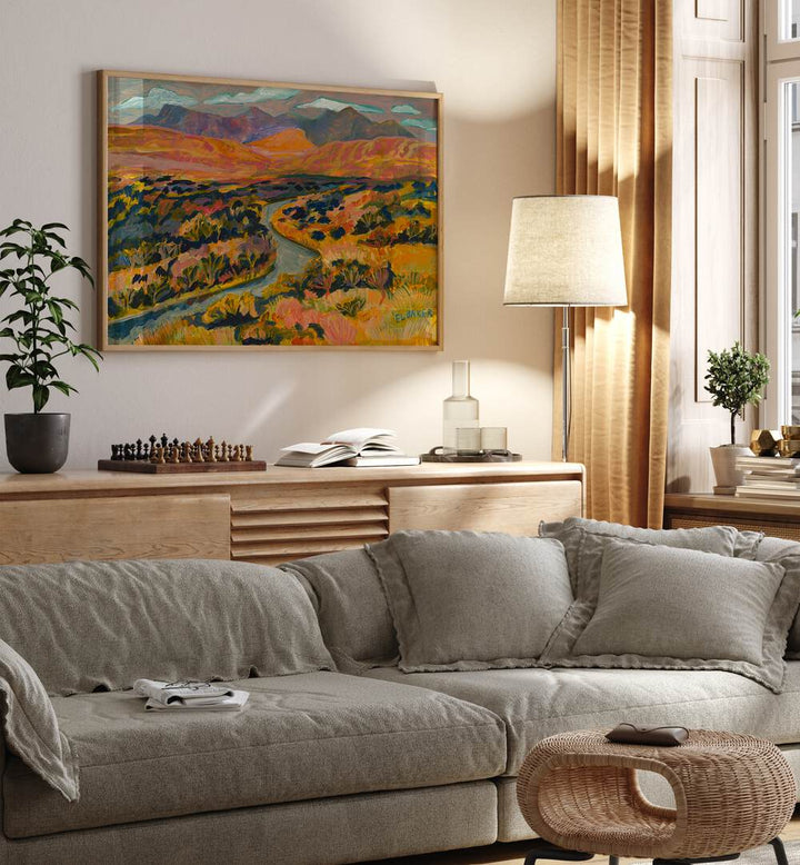 Vibrant RIVER PRINT, LANDSCAPE PAINTINGS enhancing a cozy living room, bringing nature's tranquility indoors.