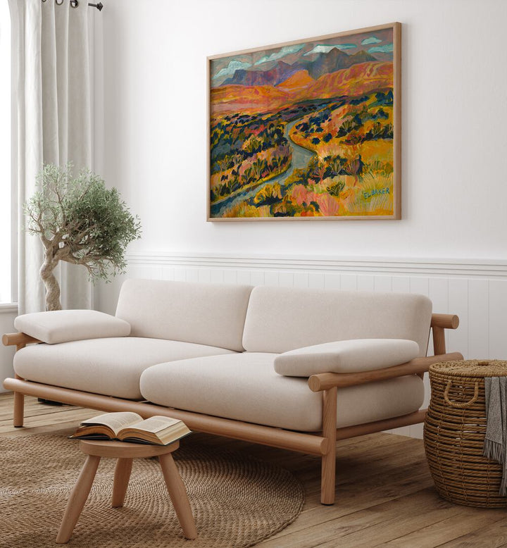 Vibrant RIVER PRINT, LANDSCAPE PAINTINGS enhancing a cozy living space with natural beauty and tranquility.