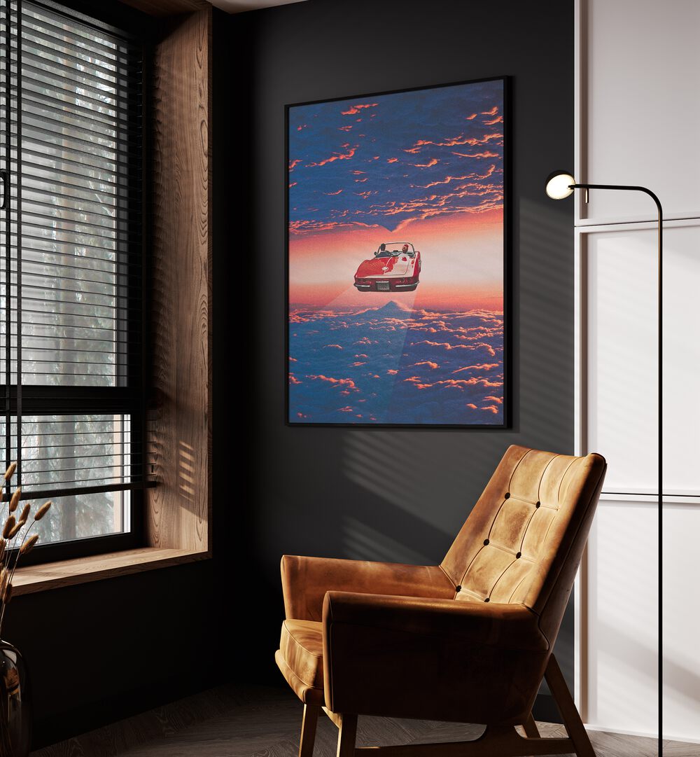 Surreal art print "Road Trip in Clouds" by Space Rocket Art transforms your space with vibrant, dreamy imagery.