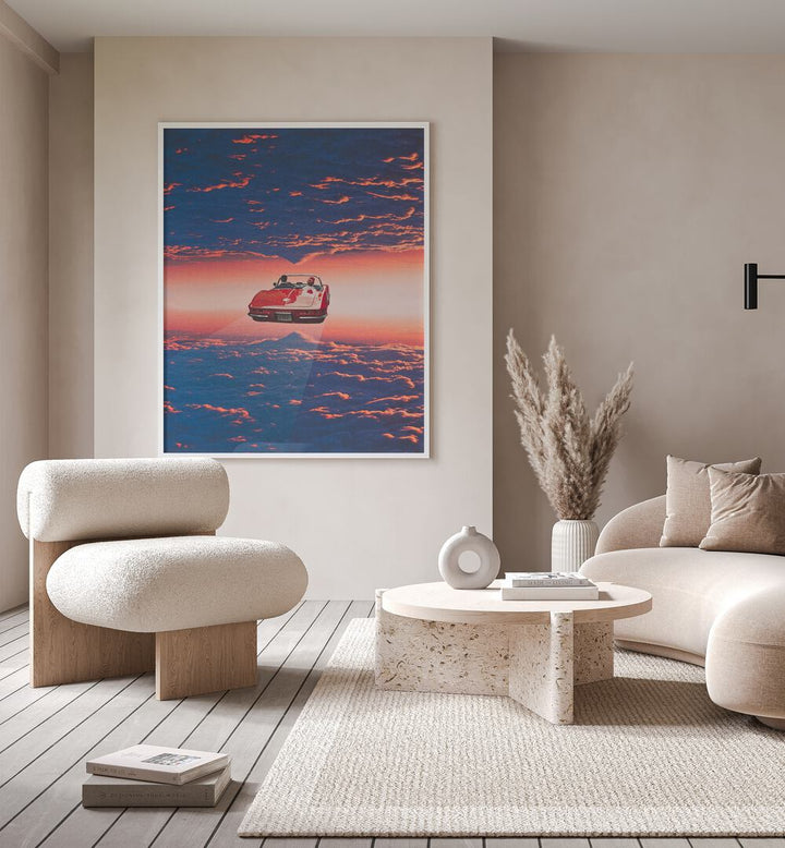 Surreal artwork "Road Trip in Clouds" by Space Rocket Art transforms your space with vibrant, dreamlike aesthetics.