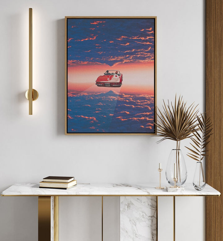 Elevate your decor with "Road Trip in Clouds," surreal art prints by Space Rocket Art, blending vibrant aesthetics.