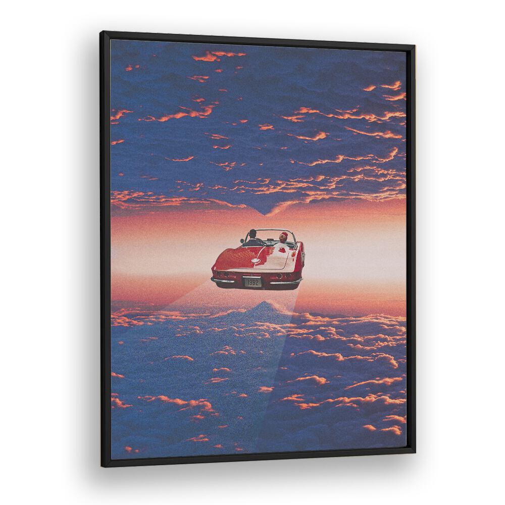 Surreal art print "Road Trip in Clouds" by Space Rocket Art, featuring a vibrant car floating in the sky.