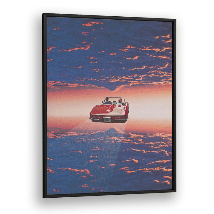 Surreal art print "Road Trip in Clouds" by Space Rocket Art, featuring a vibrant car floating in the sky.