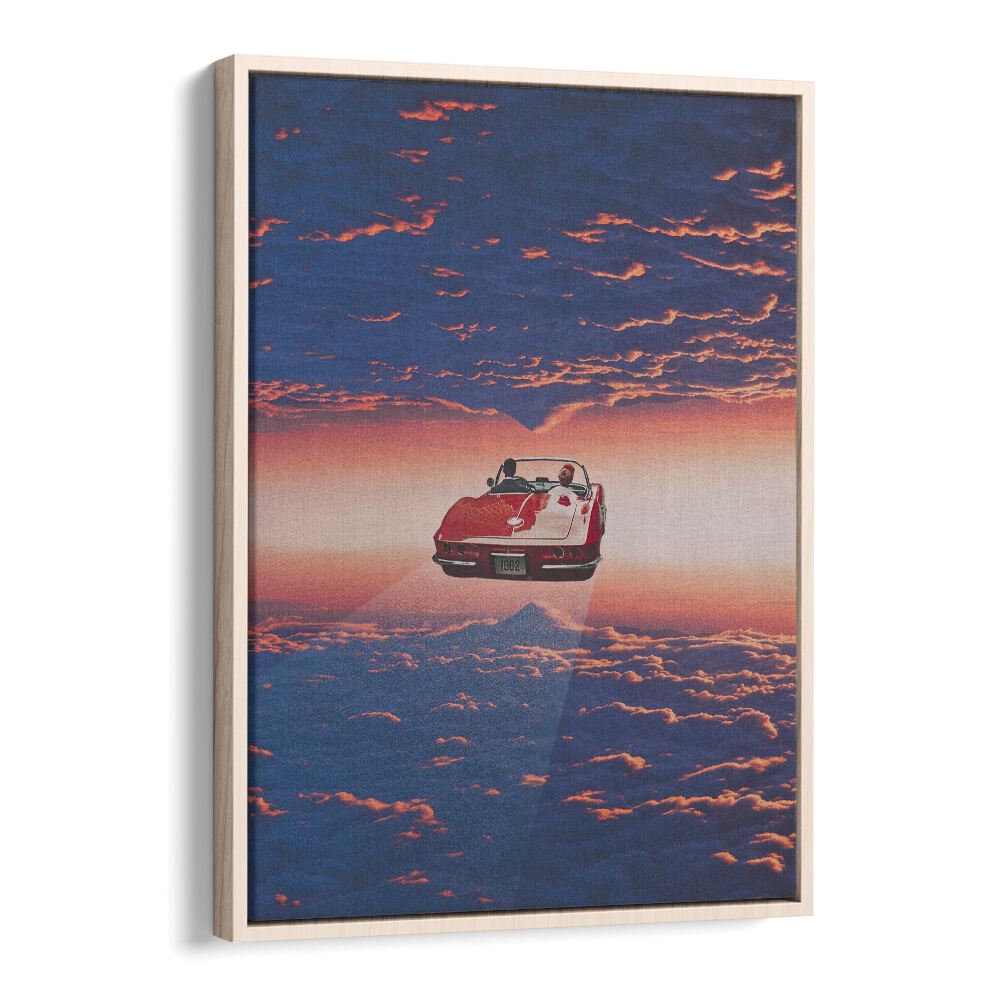 Surreal art print "Road Trip in Clouds" by Space Rocket Art, featuring a vibrant car in a dreamy sky scene.