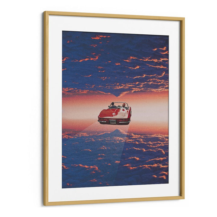 Surreal art print "Road Trip in Clouds" by Space Rocket Art showcases a vibrant car soaring through dreamy clouds.