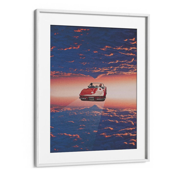 Surreal art print "Road Trip in Clouds" by Space Rocket Art, featuring a vibrant car driving through clouds.