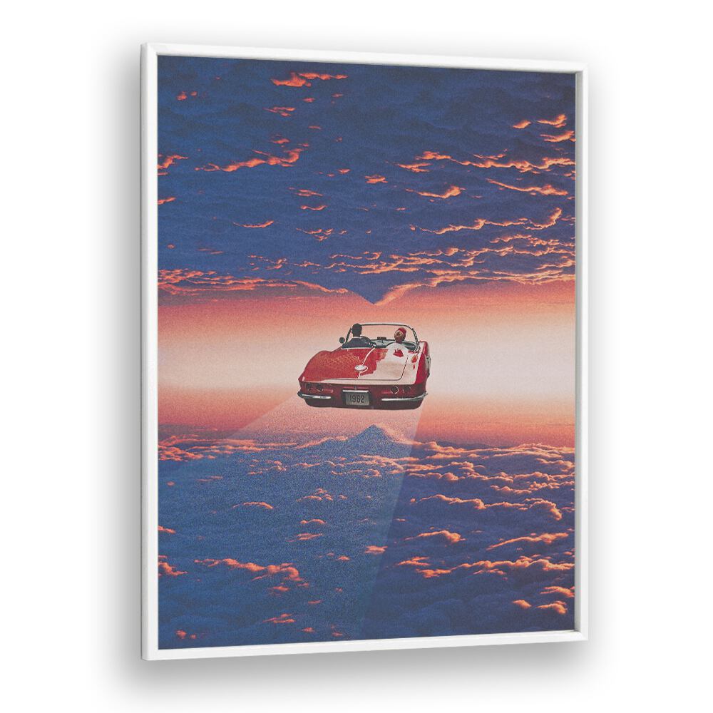 Surreal art print "Road Trip in Clouds" by Space Rocket Art, featuring a vibrant scene of a car amidst clouds.