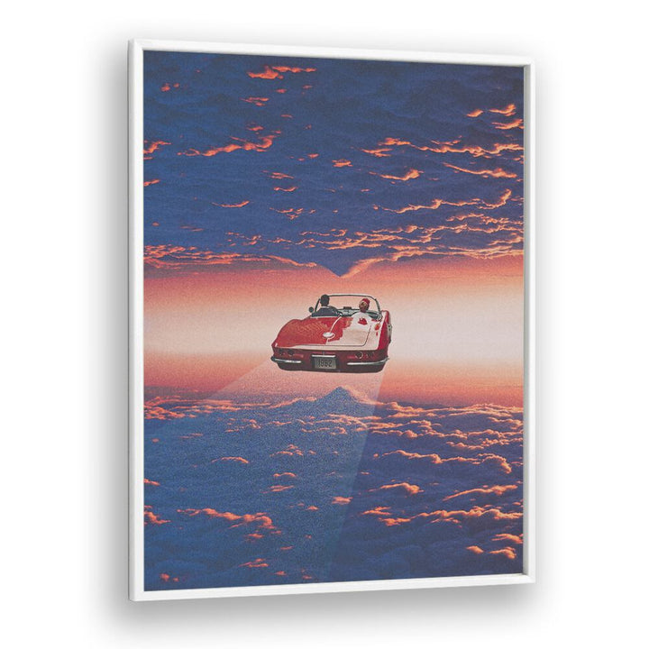 Surreal art print "Road Trip in Clouds" by Space Rocket Art, featuring a vibrant scene of a car amidst clouds.