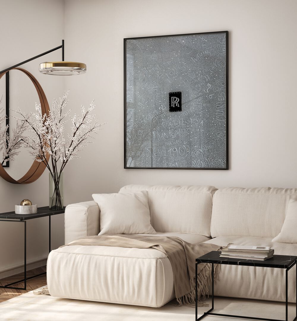Stylish living room featuring ROLLS ROYCE, DOODLE ART PAINTINGS, blending luxury with creative elegance.