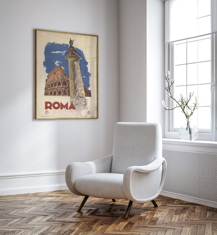 Stylish ROMA, VINTAGE TRAVEL POSTERS adorn the wall, enhancing modern decor with classic Italian charm.