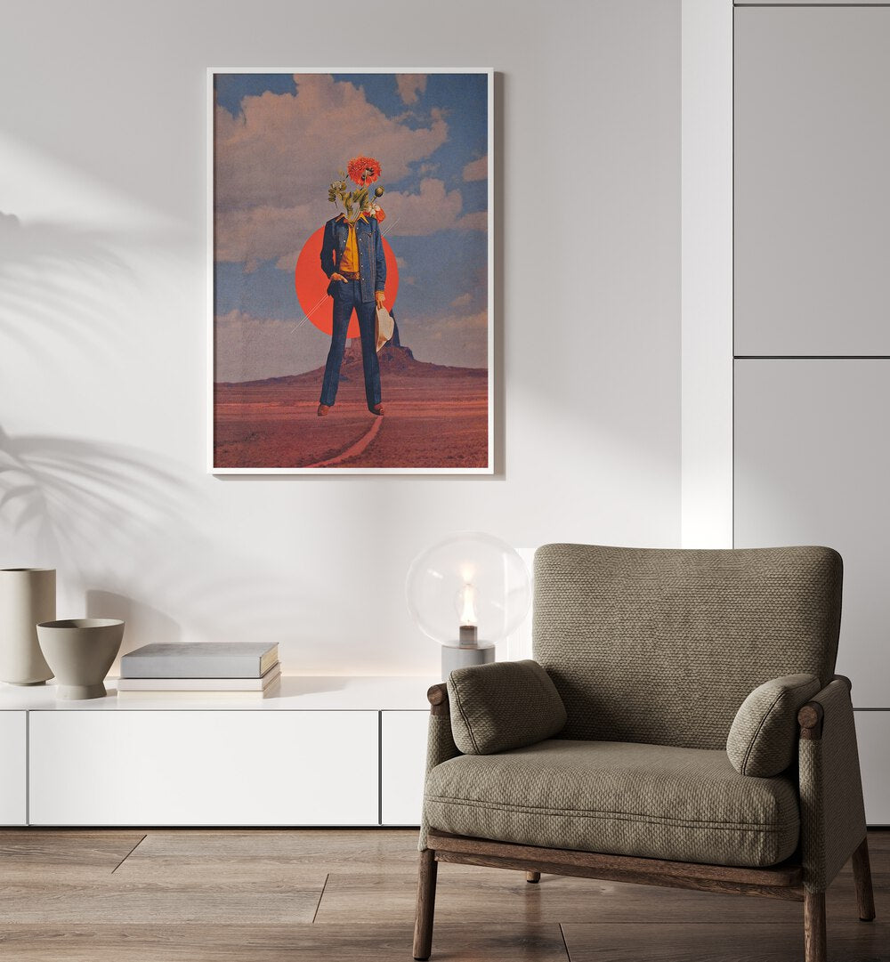 Stunning "ROMEO IN DESSERT, SURREAL ART PRINTS" by Space Rocket Art, showcasing surrealism on premium canvas.