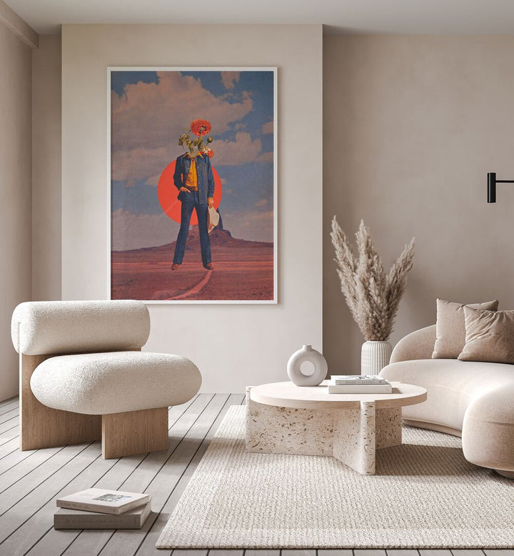 Surreal art print "ROMEO IN DESSERT" by Space Rocket Art, showcasing vibrant colors and imaginative design.