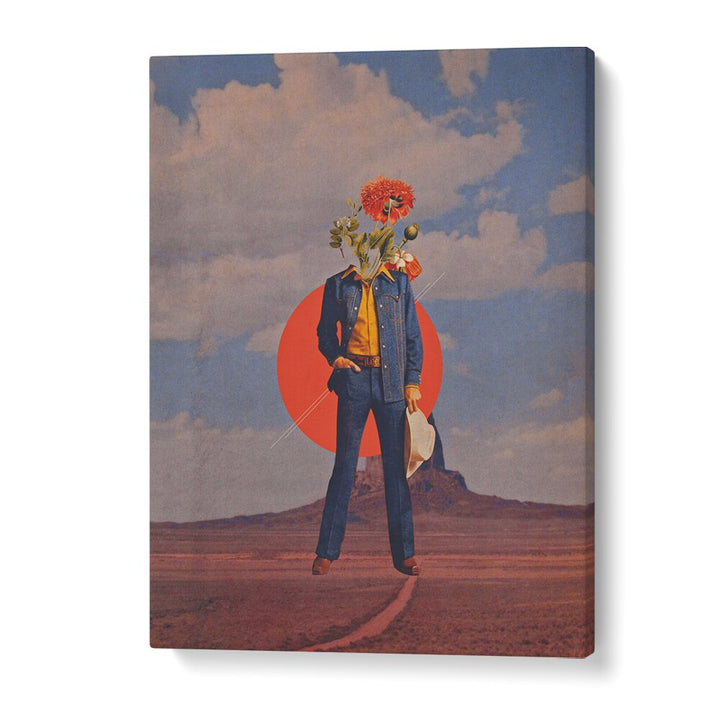 Surreal art print "ROMEO IN DESSERT" by Space Rocket Art features a striking figure in a dreamlike landscape.