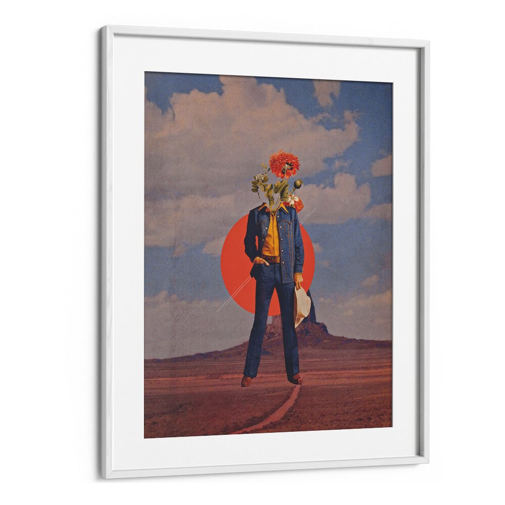 Stunning "ROMEO IN DESSERT, SURREAL ART PRINTS" by Space Rocket Art, framed with a vibrant surreal landscape.