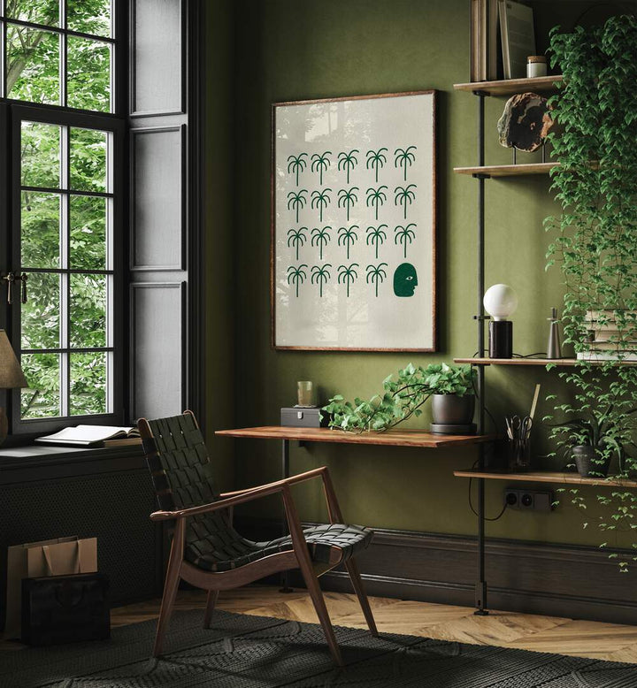 Stylish home office featuring ROOTS, BOHO ART PAINTINGS, enhancing aesthetics with a touch of greenery.