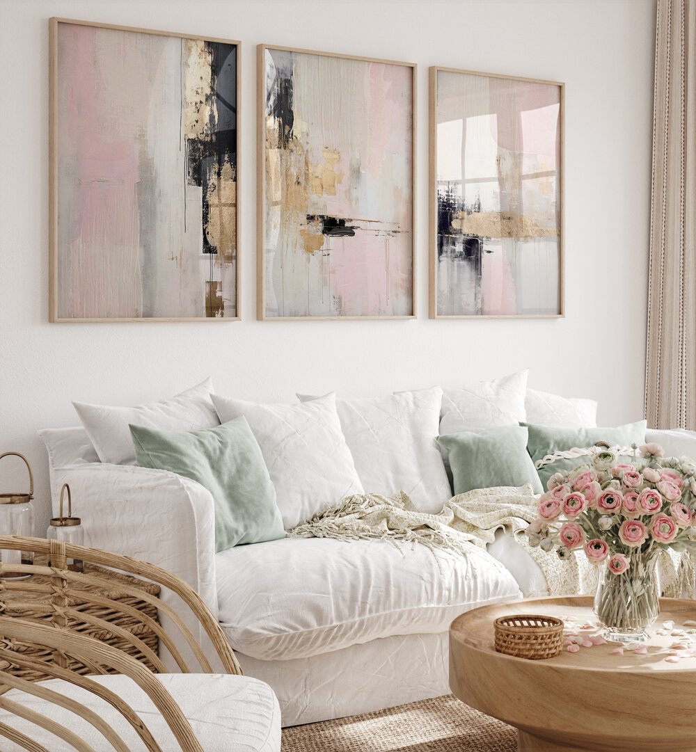 Transform your space with the ROSY HAZE SET, SET OF 3 PAINTINGS, showcasing serene colors and elegant design.