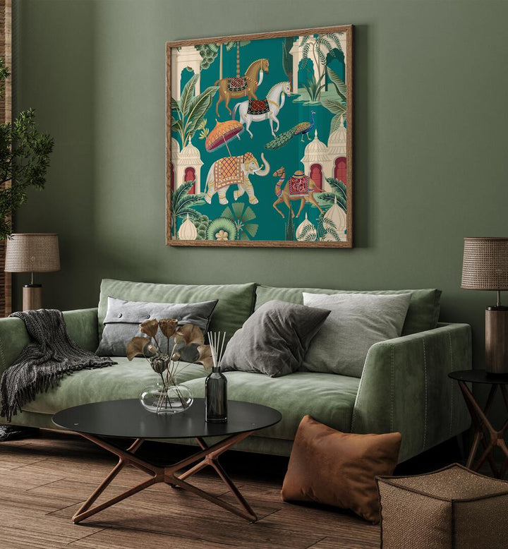 Stunning ROYAL QUARTET ENSEMBLE, INDIAN ART PAINTINGS showcasing majestic animals in vibrant Mughal artistry.