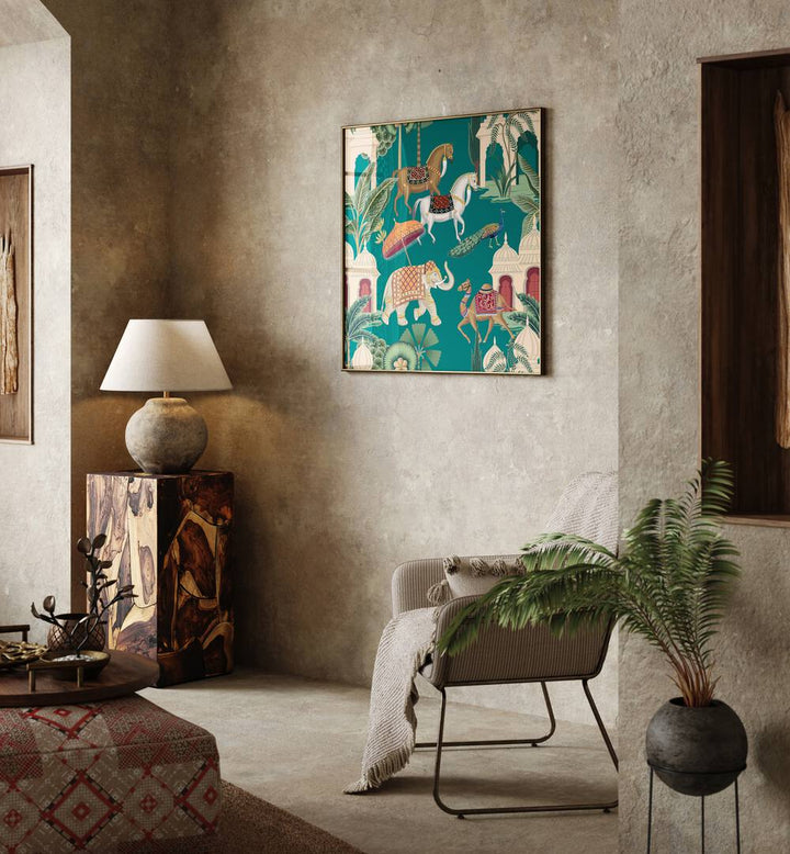 Royal Quartet Ensemble, Indian Art Paintings, showcasing Mughal artistry with majestic animals in a vibrant decor setting.