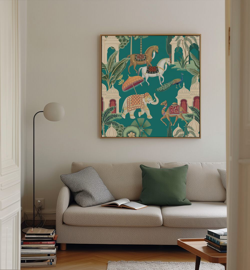 Royal Quartet Ensemble Indian Art Paintings showcasing Mughal artistry with majestic animals in a vibrant setting.