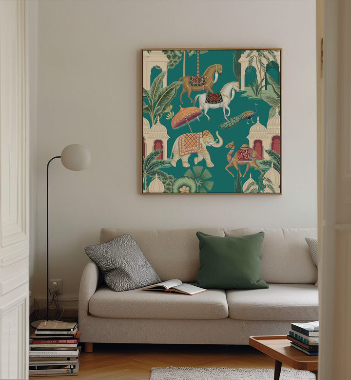 Royal Quartet Ensemble Indian Art Paintings showcasing Mughal artistry with majestic animals in a vibrant setting.