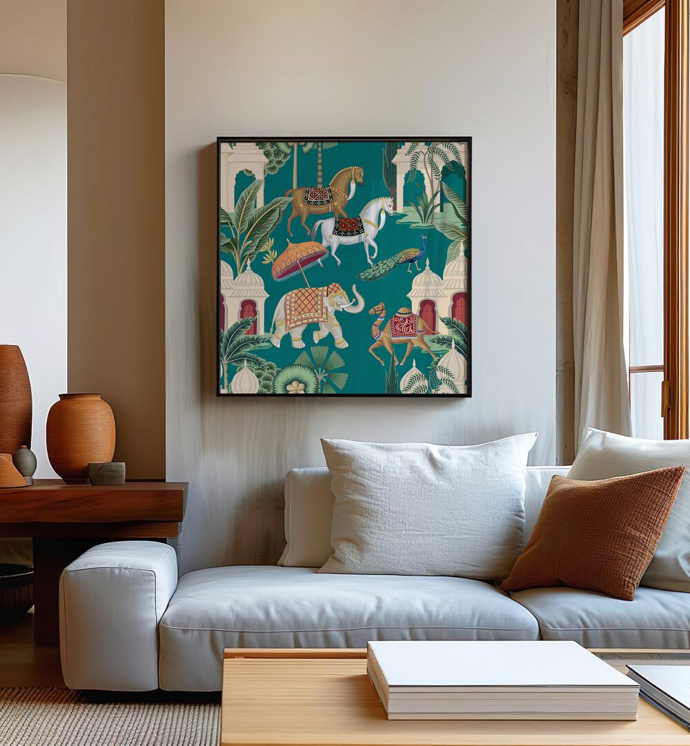 Decorate your space with the ROYAL QUARTET ENSEMBLE, INDIAN ART PAINTINGS showcasing Mughal artistry in vibrant colors.