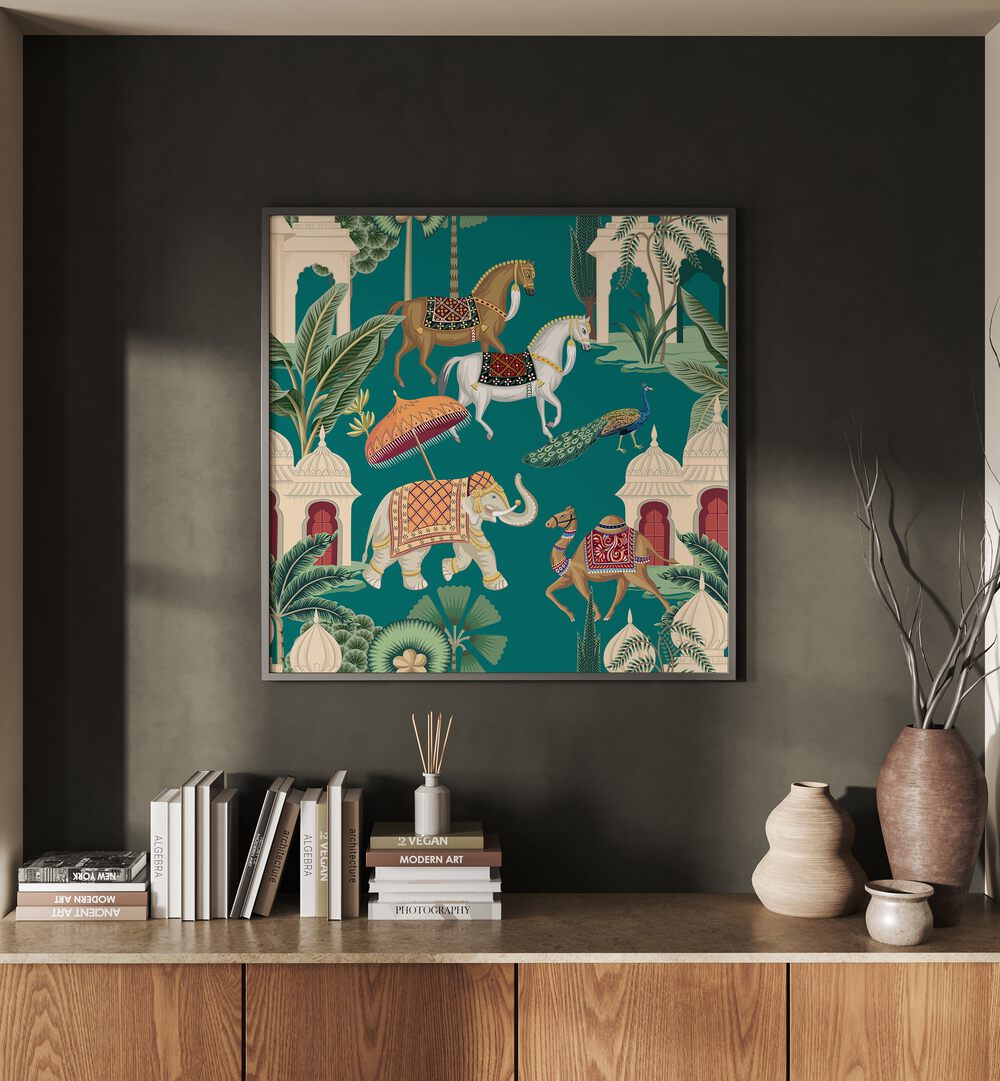 Royal Quartet Ensemble, Indian Art Paintings showcases majestic animals in vibrant Mughal artistry, perfect for any decor.