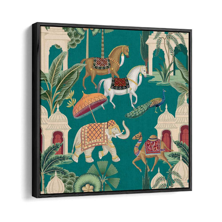 Royal Quartet Ensemble, Indian Art Paintings showcasing majestic animals in vibrant Mughal artistry, elegantly framed.