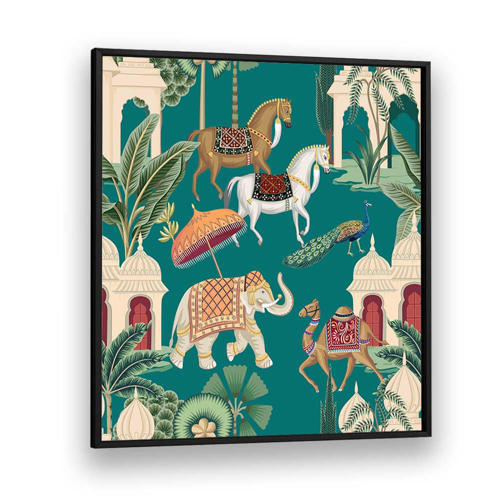 Stunning ROYAL QUARTET ENSEMBLE, INDIAN ART PAINTINGS featuring majestic horses, elephants, and camels in vibrant colors.