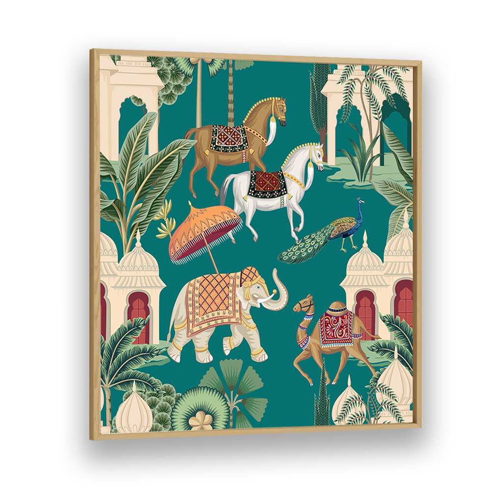 ROYAL QUARTET ENSEMBLE, INDIAN ART PAINTINGS showcases majestic horses, elephants, camels, and peacocks in vibrant colors.
