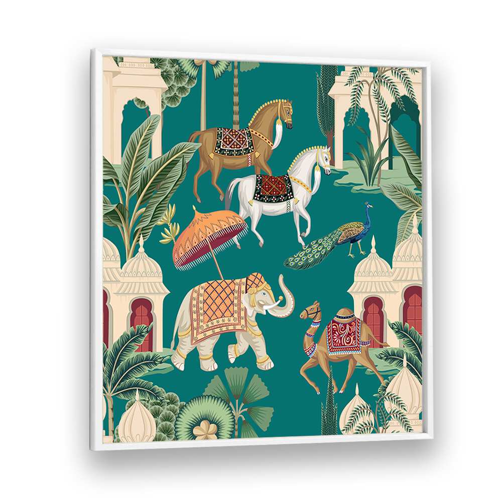 Vibrant ROYAL QUARTET ENSEMBLE, INDIAN ART PAINTINGS showcasing majestic horses, elephants, and camels in stunning detail.