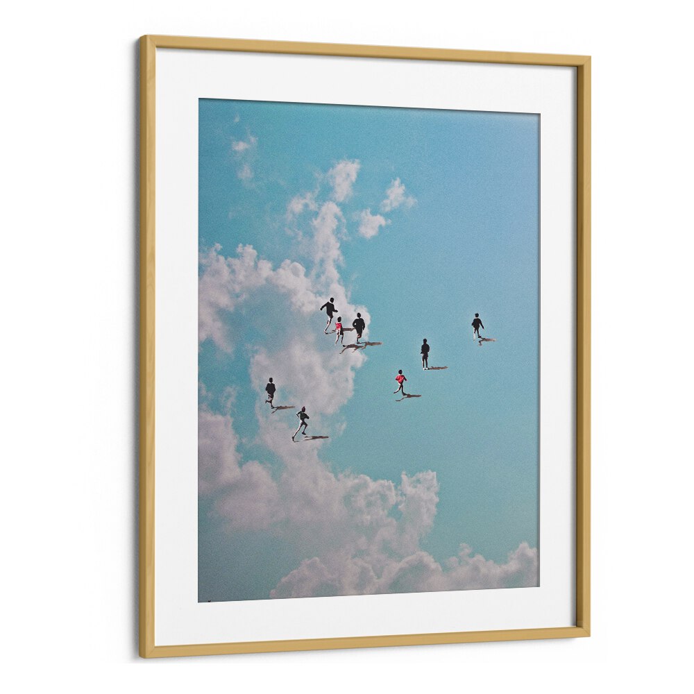 RUN NATION, SURREAL ART PRINTS showcase whimsical figures floating among clouds, perfect for inspiring your space.