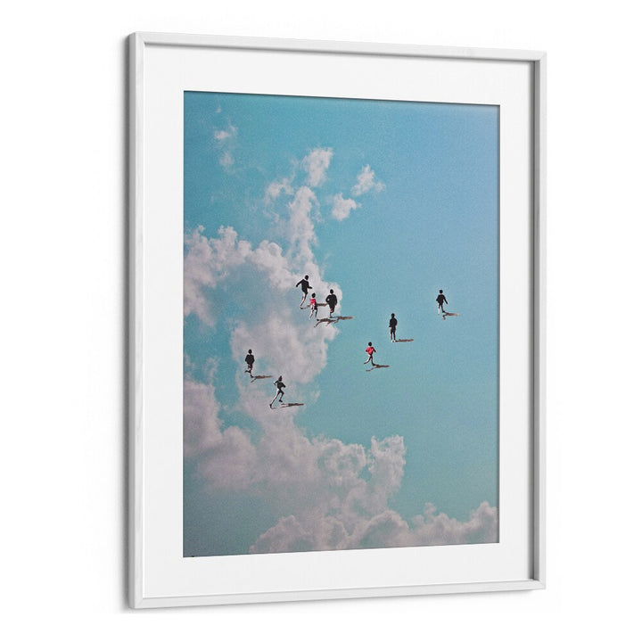 RUN NATION, SURREAL ART PRINTS showcase whimsical figures floating among clouds, perfect for enhancing your decor.