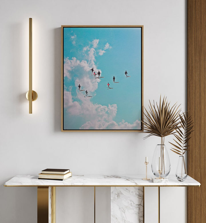 Elevate your decor with RUN NATION, SURREAL ART PRINTS featuring whimsical figures amidst dreamy clouds.