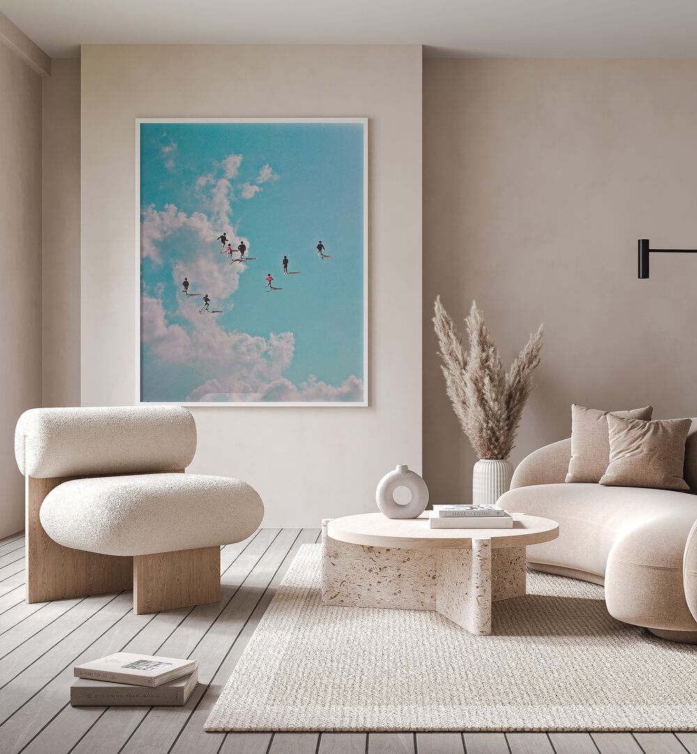 Elevate your space with RUN NATION, SURREAL ART PRINTS featuring whimsical figures in a dreamy sky.
