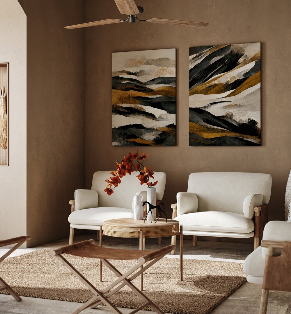 Enhance your decor with the RUSTIC RANGES SET, SET OF 2 PAINTINGS showcasing vibrant natural landscapes.