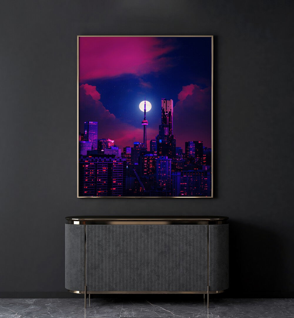 Stunning RADIANCE, SURREAL ART PRINTS by Ritvik Takkar, showcasing a vibrant cityscape under a surreal moonlit sky.