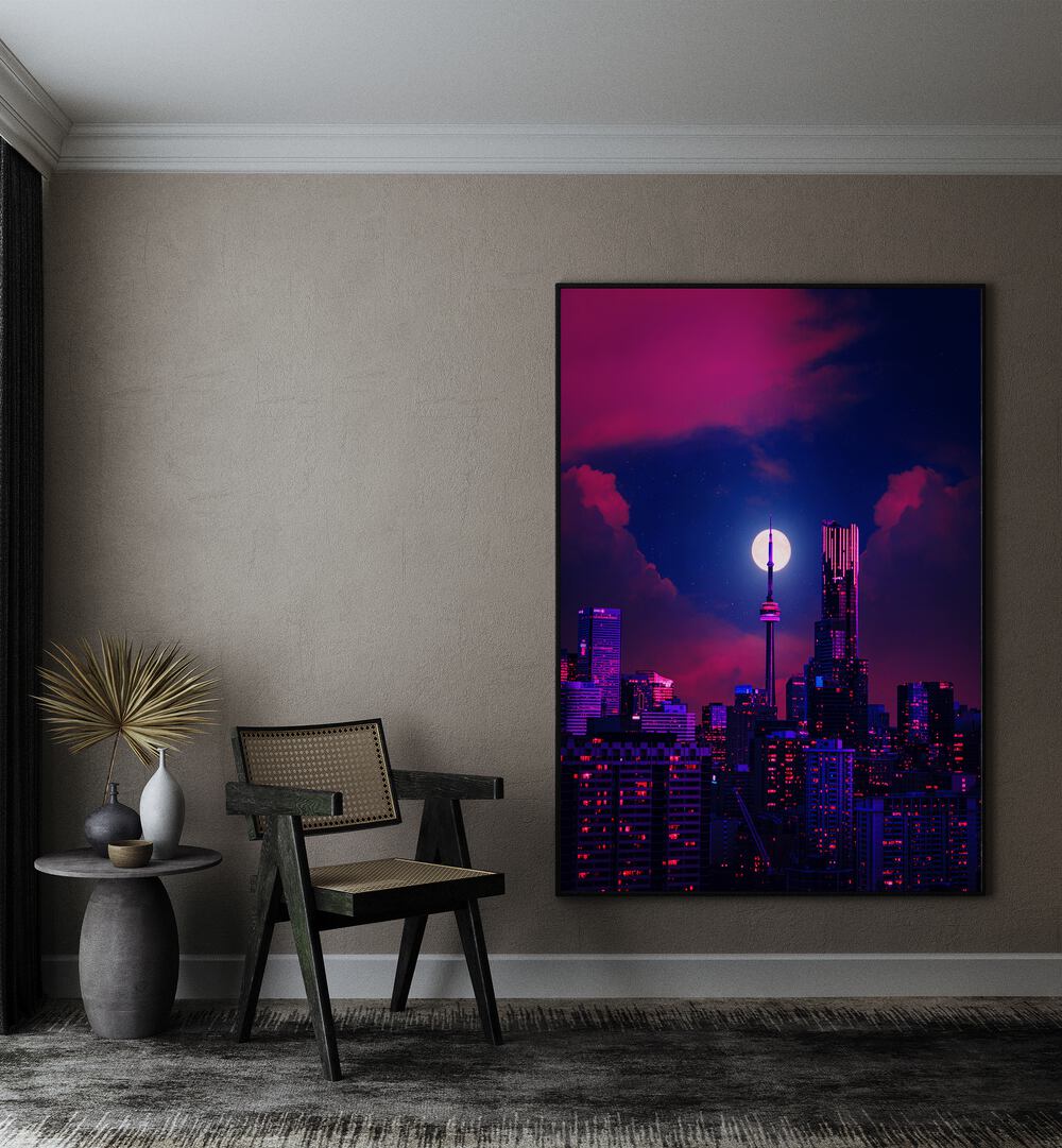 Vibrant cityscape with surreal colors, showcasing RADIANCE, SURREAL ART PRINTS by Ritvik Takkar. Perfect for any space.