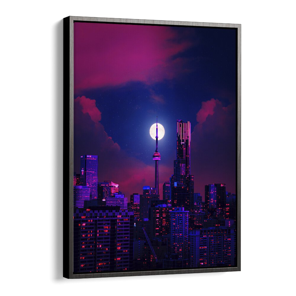 Stunning RADIANCE, SURREAL ART PRINTS by Ritvik Takkar, featuring a vibrant cityscape under a full moon.