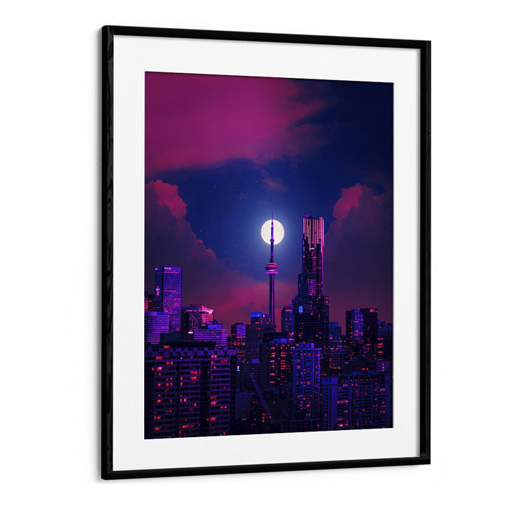 RADIANCE, SURREAL ART PRINTS showcases a vibrant cityscape with a mystical moon, framed beautifully for your space.