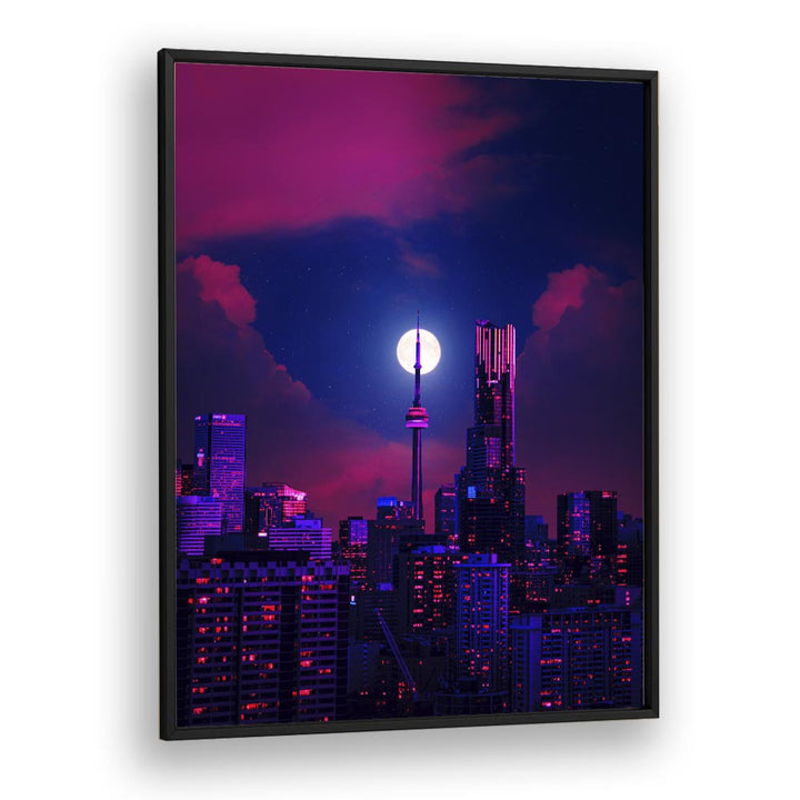RADIANCE, SURREAL ART PRINTS by Ritvik Takkar showcases a vibrant cityscape under a surreal moonlit sky.