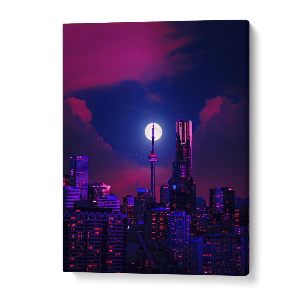 Stunning RADIANCE, SURREAL ART PRINTS by Ritvik Takkar, featuring a vibrant city skyline under a surreal moonlit sky.