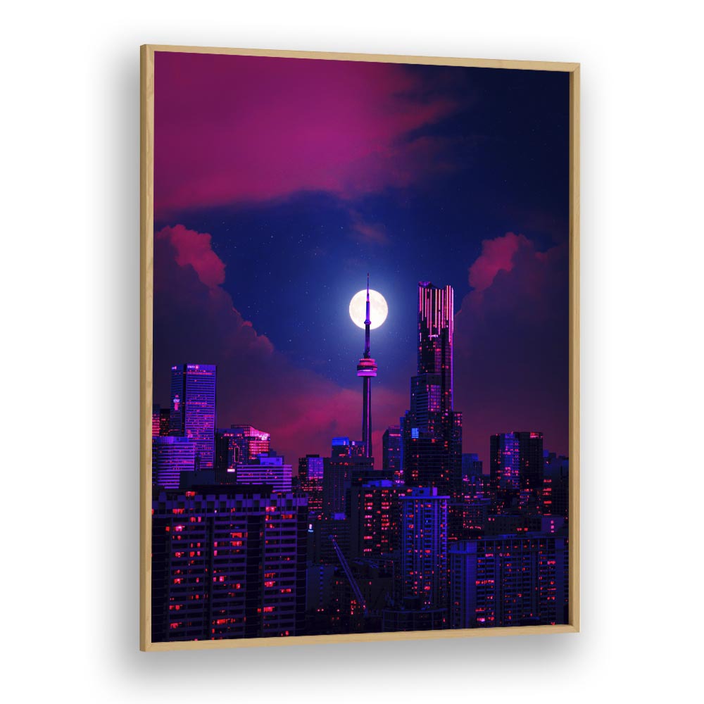 Stunning RADIANCE, SURREAL ART PRINTS by Ritvik Takkar, showcasing a vibrant night cityscape with a glowing moon.