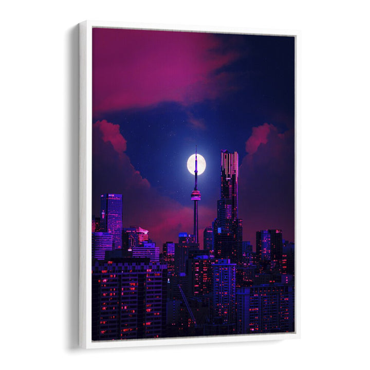 RADIANCE, SURREAL ART PRINTS features a vibrant, dreamlike city skyline under a full moon, enhancing your decor.