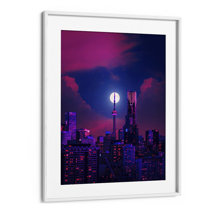 RADIANCE, SURREAL ART PRINTS by Ritvik Takkar features a vibrant cityscape under a surreal moonlit sky.