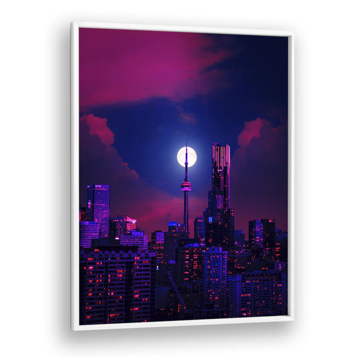 RADIANCE, SURREAL ART PRINTS by Ritvik Takkar captures a vibrant cityscape under a surreal moonlit sky.